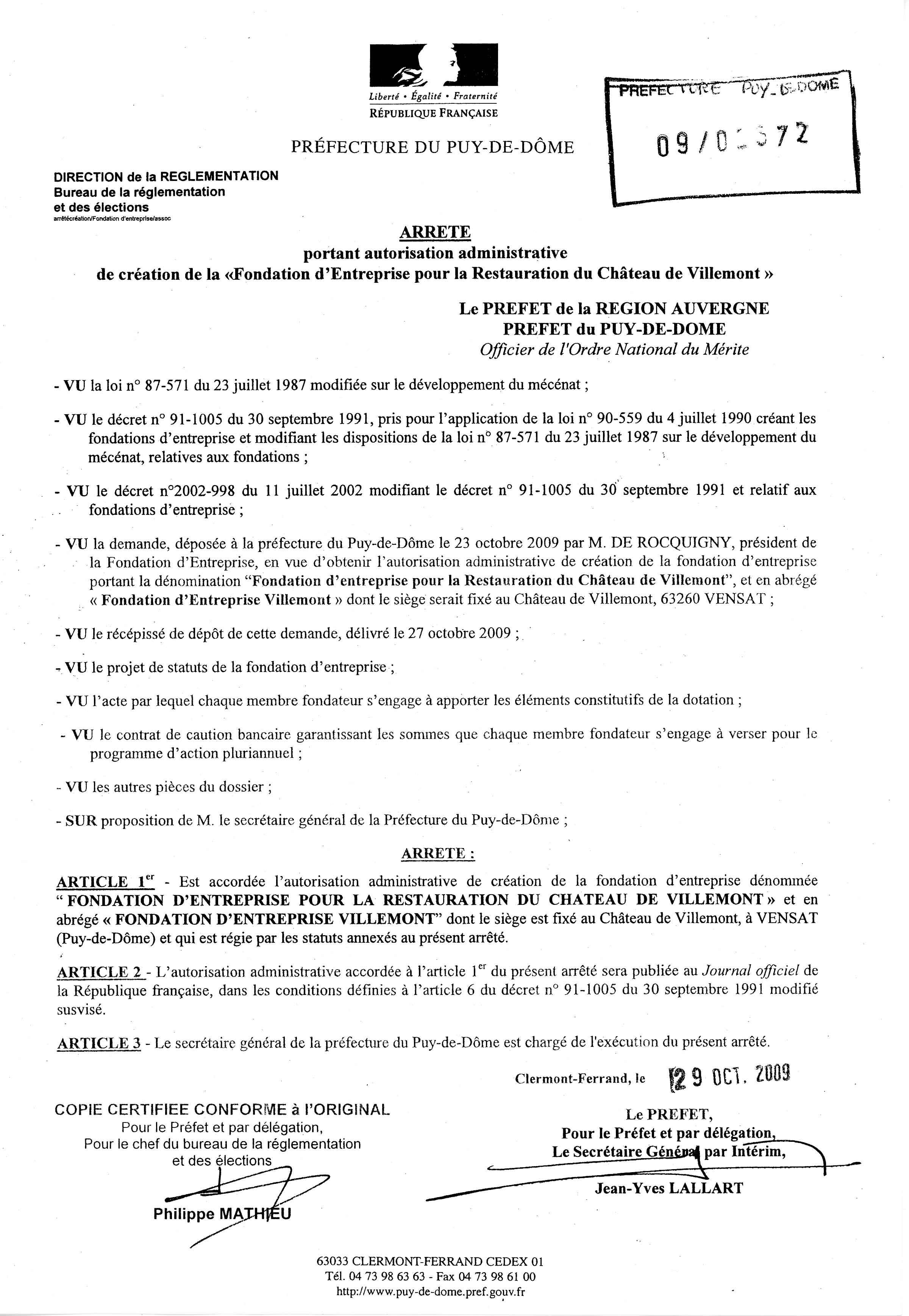 Arrêté préfectoral d'autorisation de la fondation d'entreprise