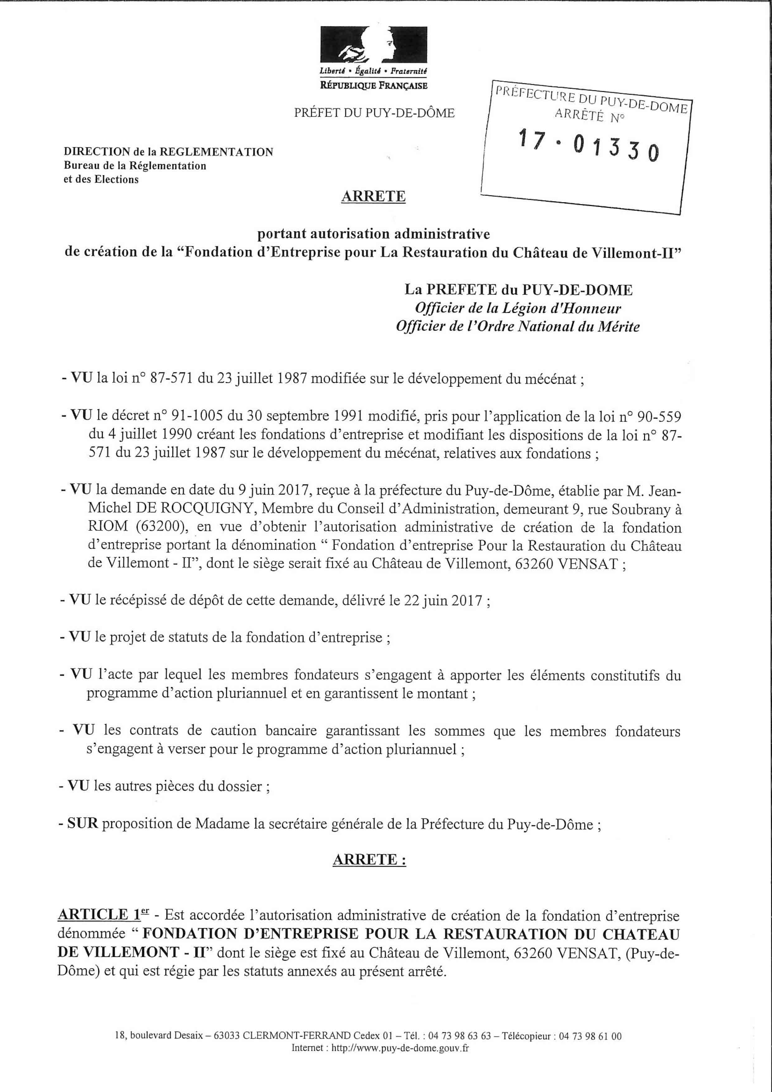Second arrêté préfectoral d'autorisation de la fondation d'entreprise
